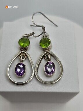 Peridot Amethyst Dangle Earrings Gemstone 2" Boho 925 Sterling Silver